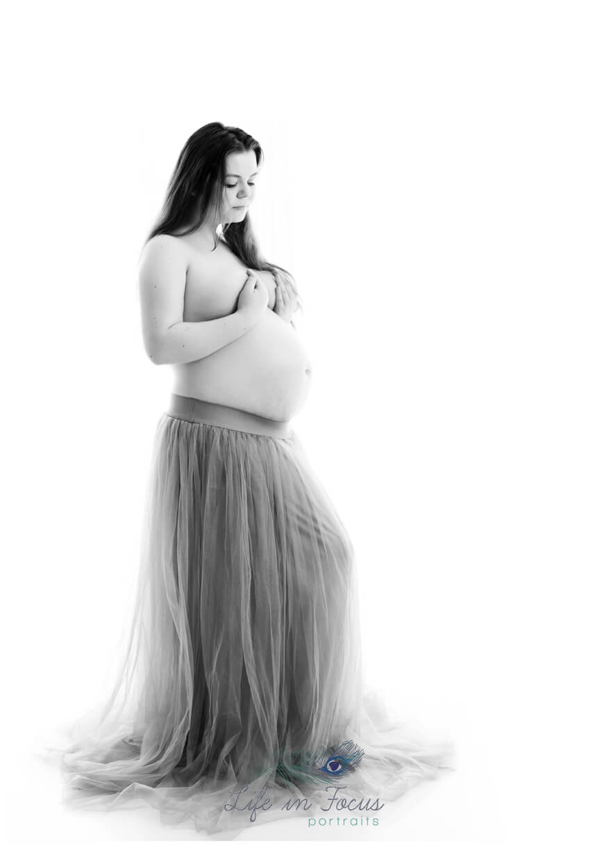 Black and white semi nude maternity photo Life in Focus Portraits bump photos Balloch Alexandria West Dunbartonshire