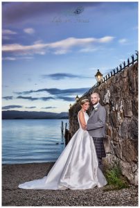 Bride and Groom lochside wedding photo Duck Bay MArina Hotel Loch Lomond Life in Focus Portraits wedding photographer Helensburgh Argyll and Bute
