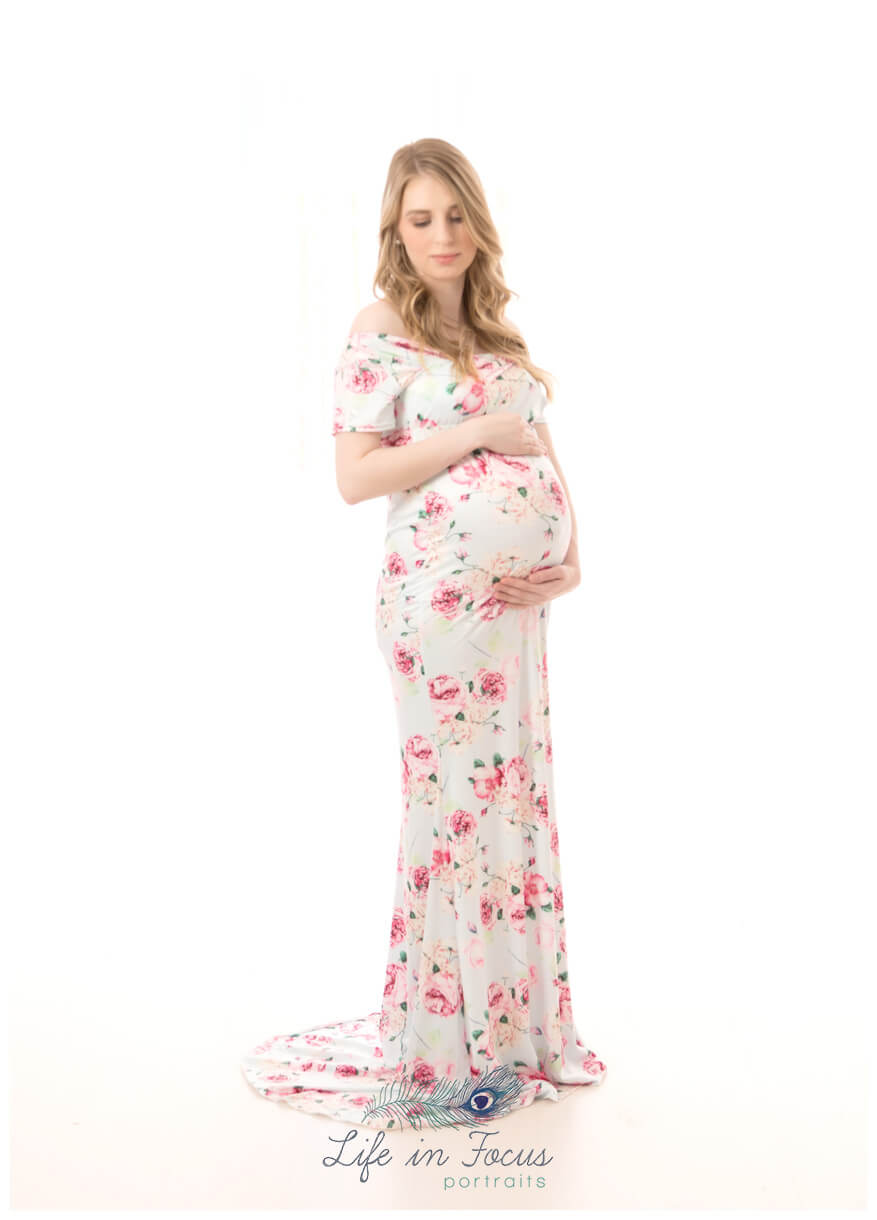 Mum to be in floral dress bump photoshoot Life in Focus Portraits maternity photos Rhu Helensburgh Argyll and Bute