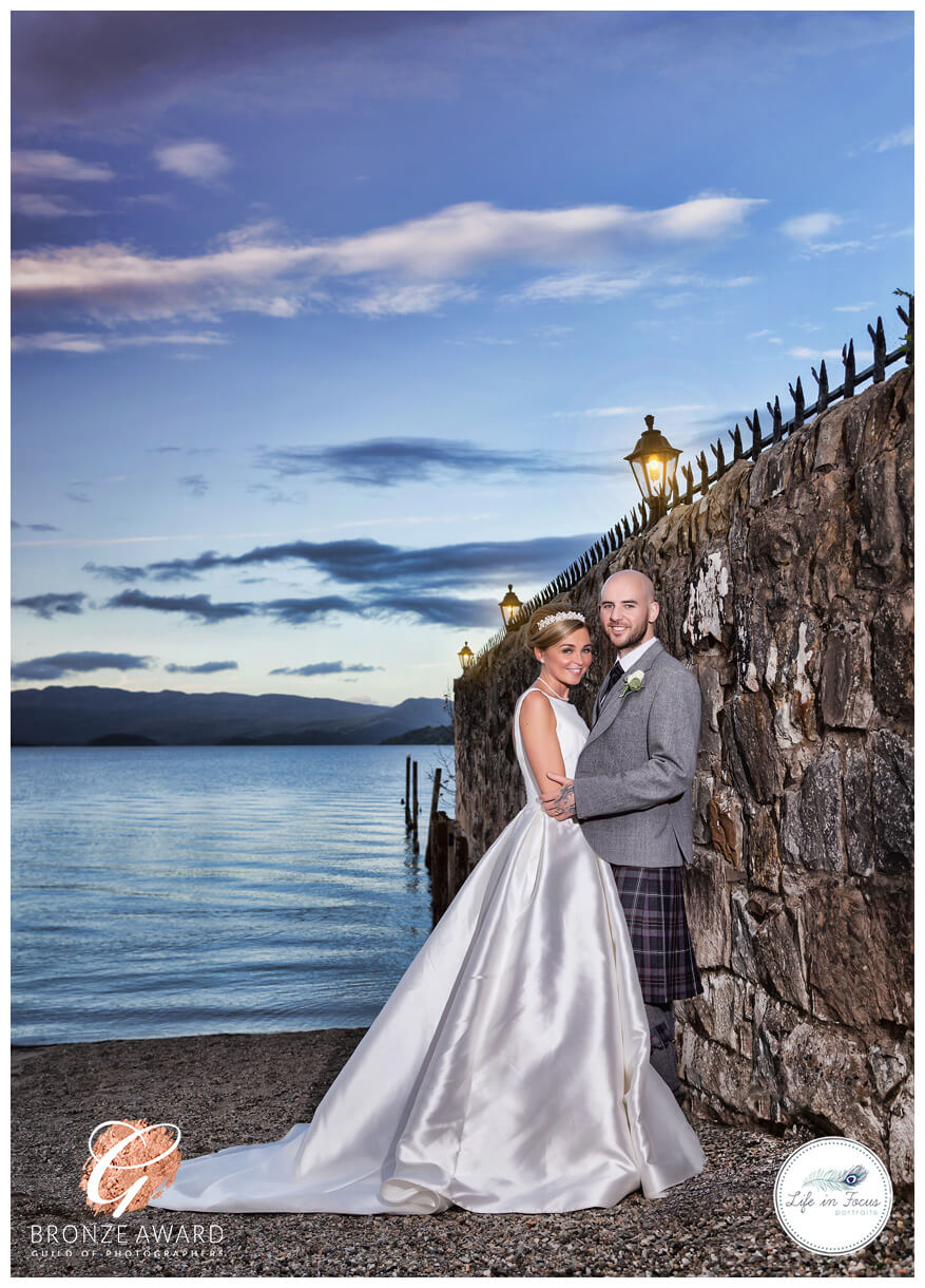Bride and Groom Duck Bay Hotel Life in Focus Portraits award winning wedding photographer Loch Lomond Helensburgh Rhu