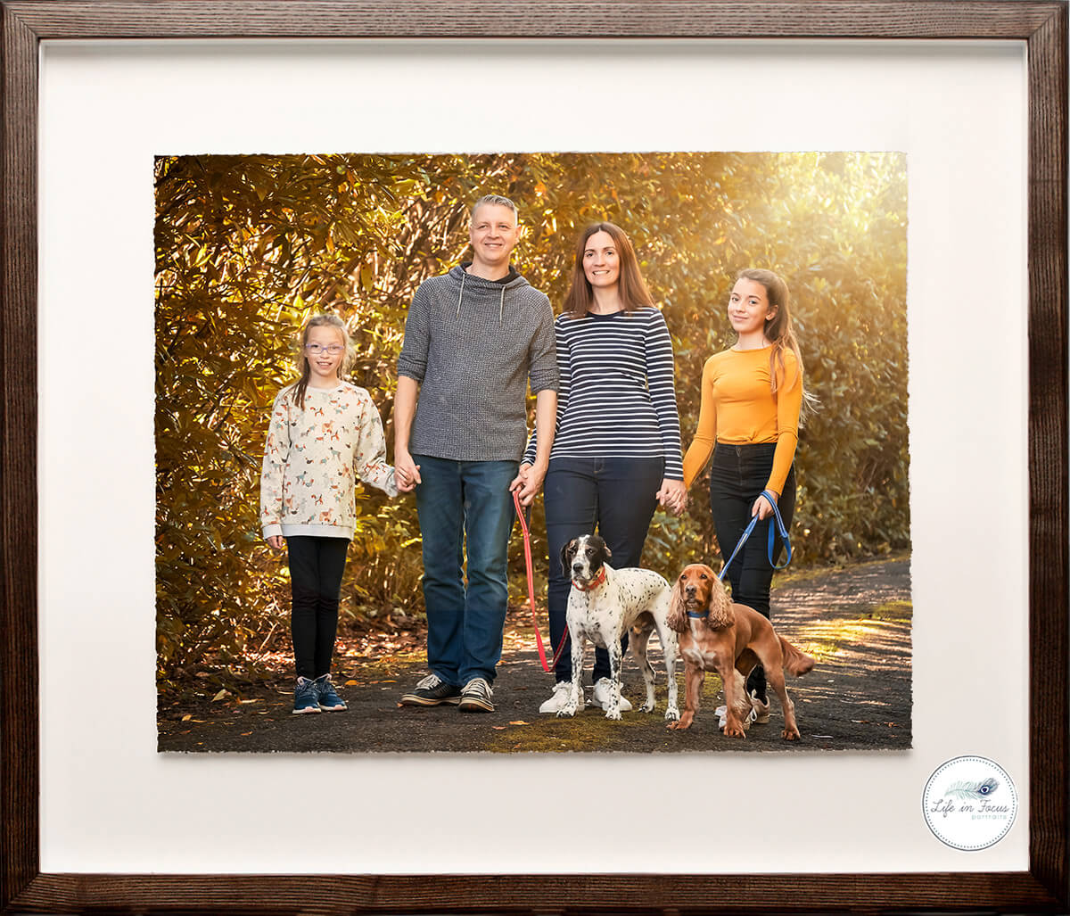Framed outdoor family portrait with dogs Life in Focus Portraits family photographer Rhu Helensburgh