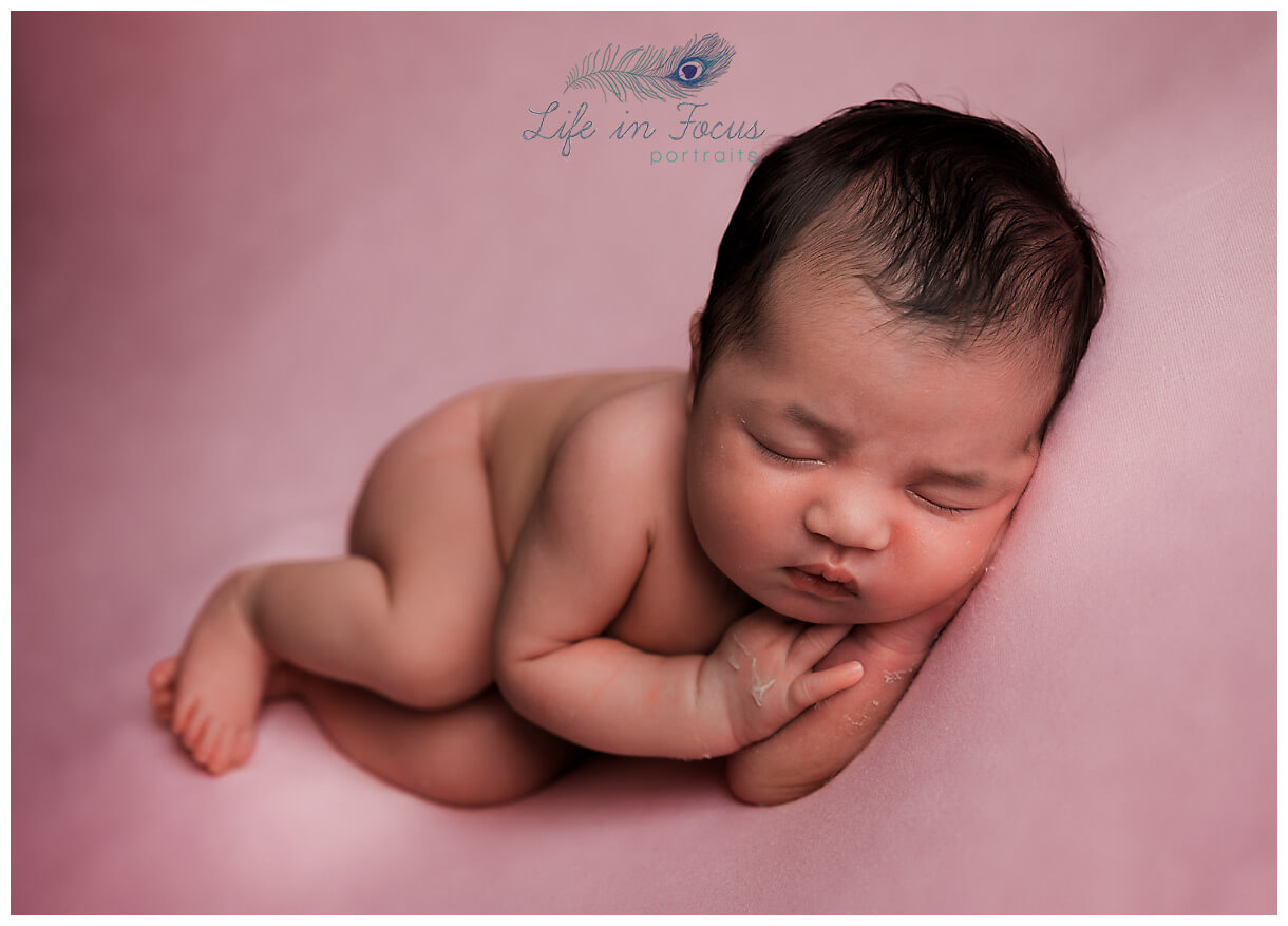 baby girl posed on pink blanket newborn baby photoshoot Life in Focus Portraits newborn baby photographer Rhu Helensburgh