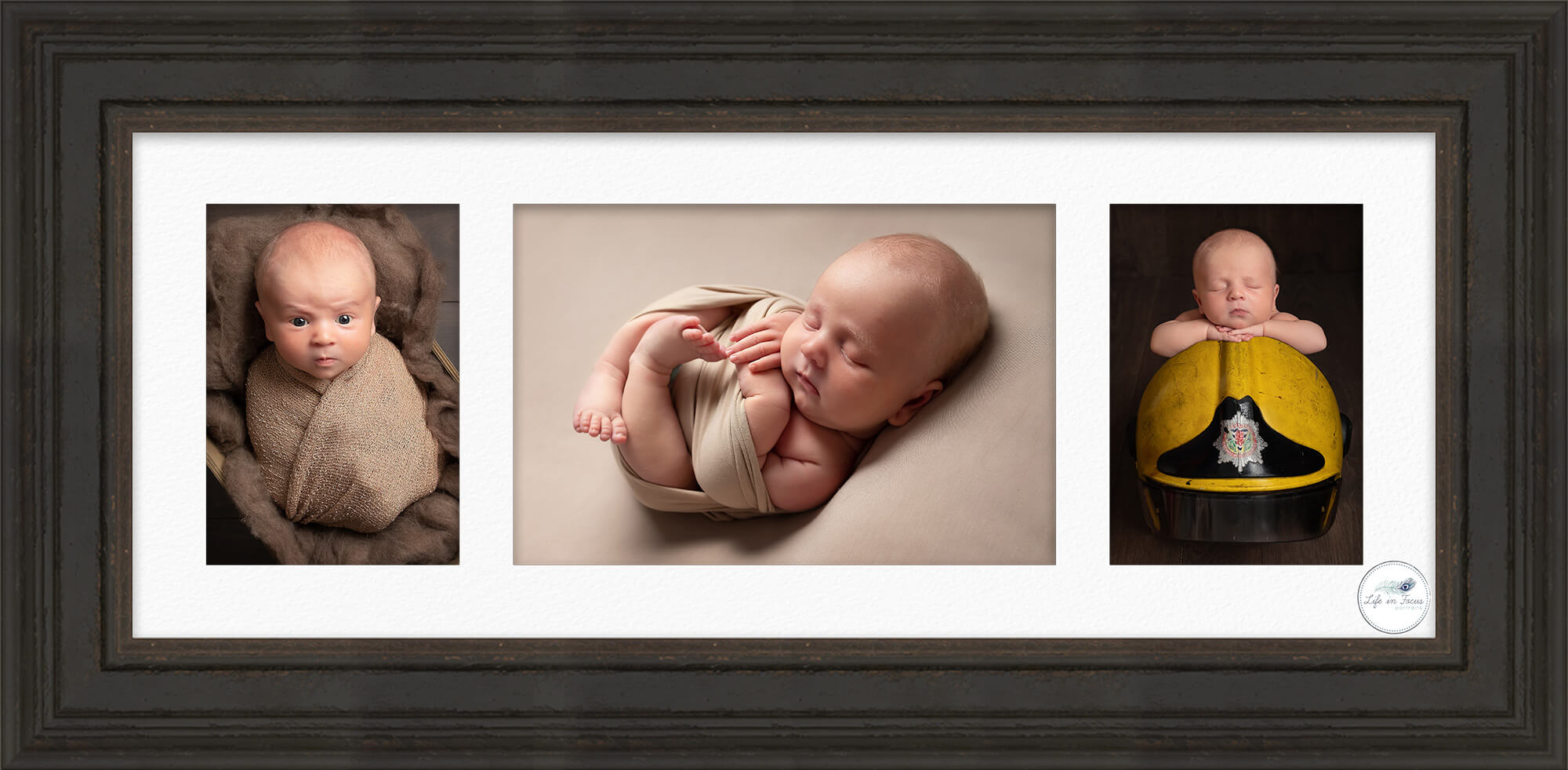 framed baby portraits 3 photos of firefighter's newborn baby boy Life in Focus Portraits newborn baby photography studio Rhu Helensburgh