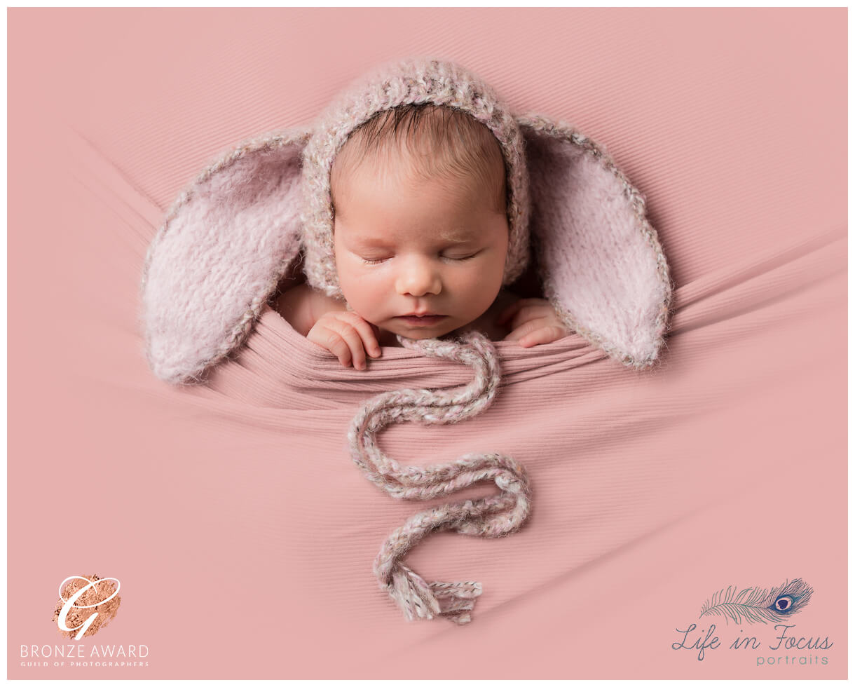 newborn baby girl in bunny bonnet Life in Focus Portraits newborn portrait specialist Dumbarton
