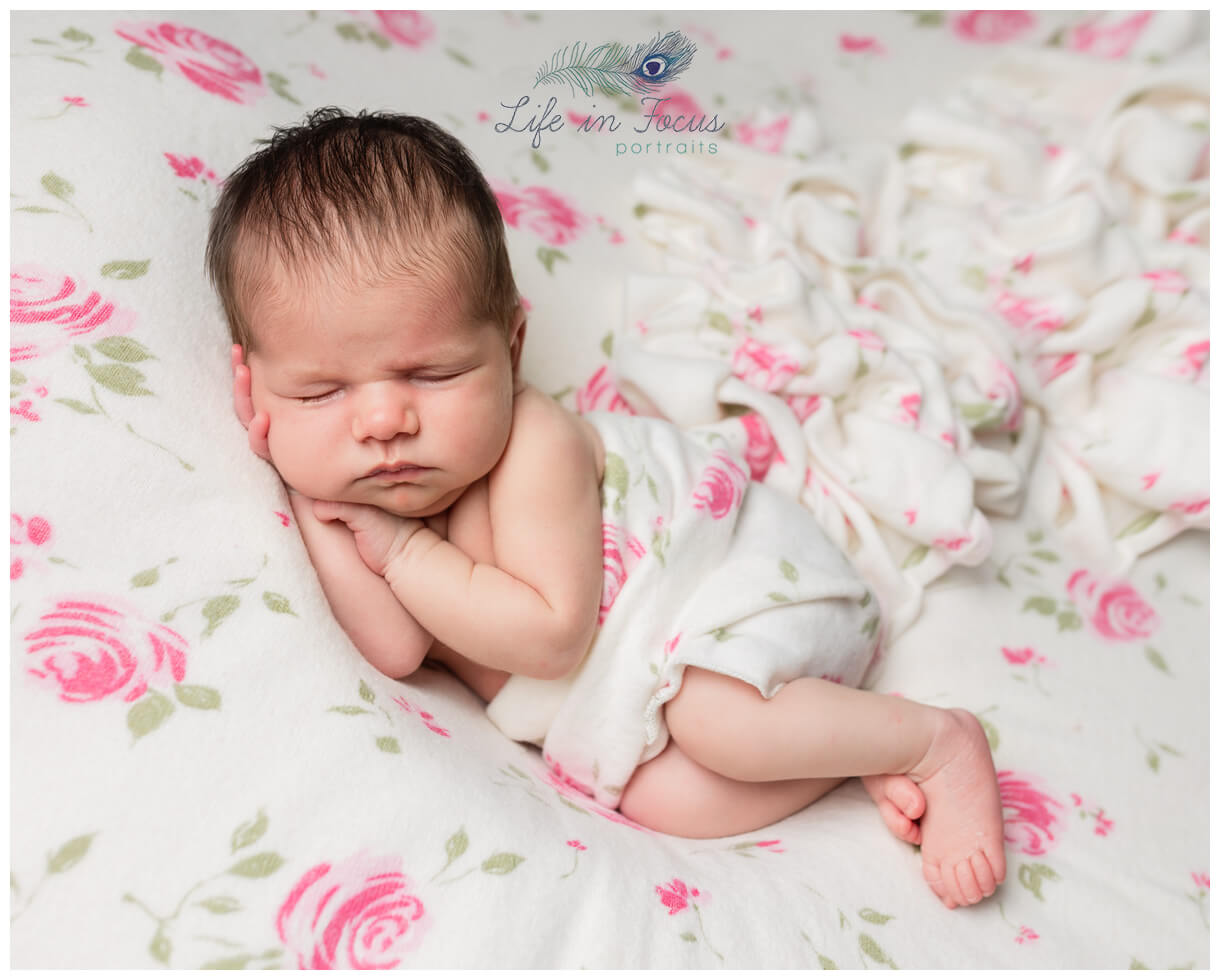 newborn baby on floral rose blanket Life in Focus Portraits newborn baby photographer Cardross Dumbarton