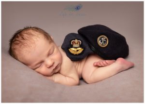 newborn baby with Royal Navy and RAF berets Life in Focus Portraits specialist newborn baby photographer Faslane Helensburgh