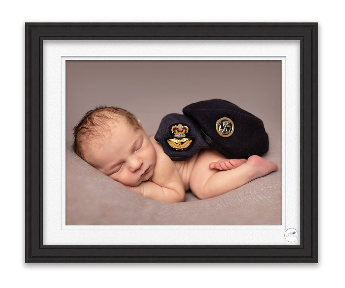 newborn baby with royal navy beret and RAF beret Life in Focus Portraits newborn baby photo studio Faslane Naval Base Helensburgh