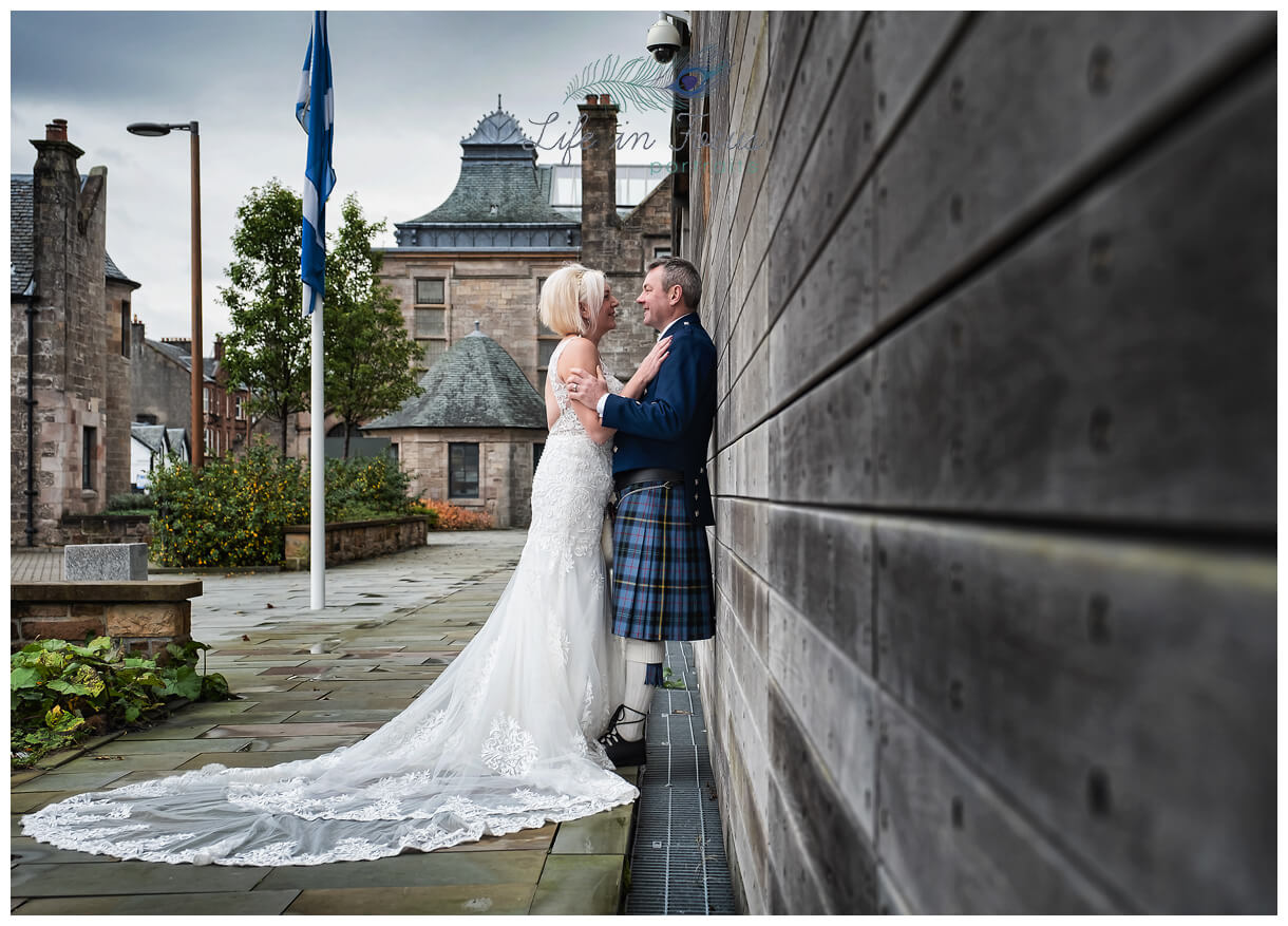 Helensburgh Registry Office Wedding photos Life in Focus Portraits Rhu Wedding Photographer photo of newly married couple on Wedding day at Helensburgh Civic Centre Argyll and Bute Elopement Wedding