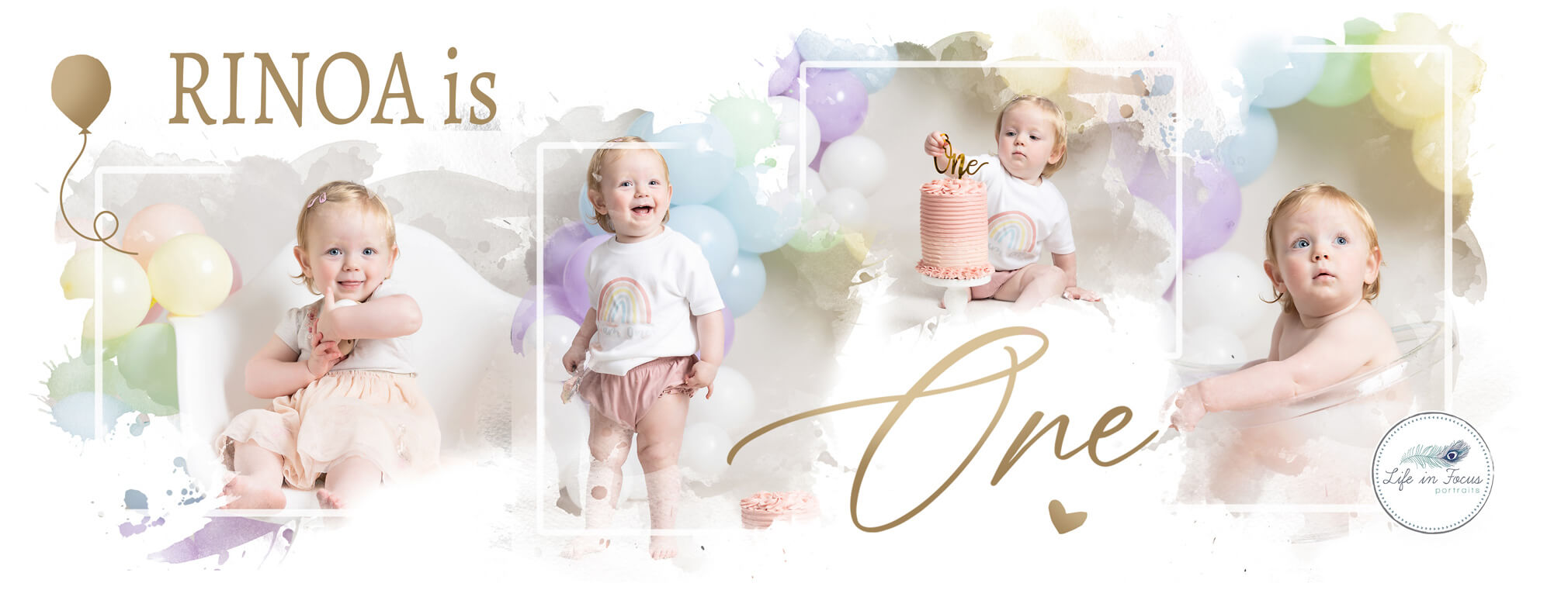 photos of baby girl with birthday cake and balloons during cake smash photo session