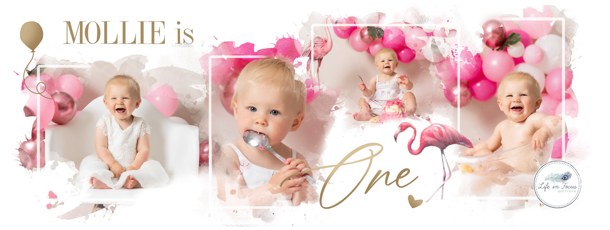 photos of baby girl celebrating 1st birthday with cake smash photoshoot