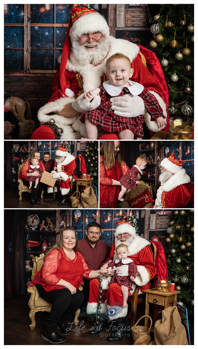 collage of photos young baby girl in tartan dress with Santa and parents Santa photos at Life in Focus Portraits Helensburgh