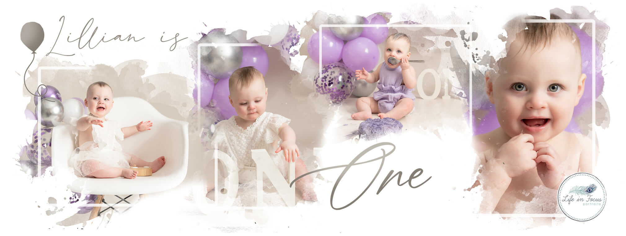 photos of baby gorl in white romper with birthday cake and lilac balloons cake smash photos