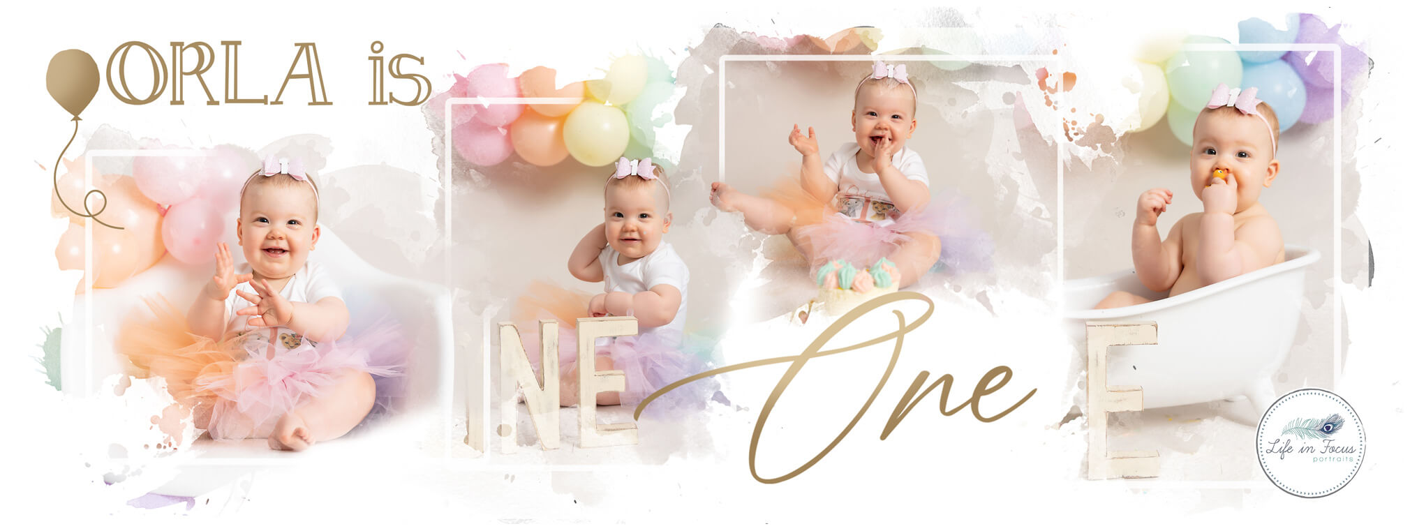 photos of baby girl with rainbow balloon arch at cake smash photo session